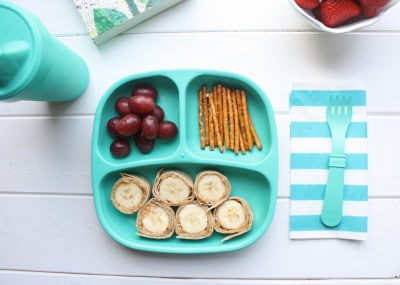 Toddler Lunch with peanut butter banana sushi roll